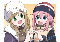 2022 2girls blonde_hair blue_eyes bushy_eyebrows coat dated dot_nose fang feet_out_of_frame female_focus flesh_fang green_eyes hat inuyama_aoi kagamihara_nadeshiko long_hair looking_at_viewer multiple_girls open_clothes open_coat open_mouth pink_hair simple_background standing su6546age teeth thick_eyebrows winter_clothes winter_coat yurucamp