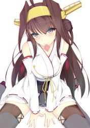 Rule 34 | 10s, 1girl, ahoge, blush, boots, breasts, brown hair, condom, condom in mouth, detached sleeves, double bun, grey eyes, grey thighhighs, hair bun, hairband, jougen, kantai collection, kongou (kancolle), long hair, looking at viewer, mouth hold, nontraditional miko, sitting, smile, solo, thigh boots, thighhighs, v arms, wariza, white background
