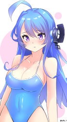 Rule 34 | 1girl, alternate breast size, antenna hair, azur lane, bare shoulders, blue hair, blue one-piece swimsuit, blush, breasts, cleavage, collarbone, competition swimsuit, covered navel, cowboy shot, dotted background, hair between eyes, hair ornament, helena (azur lane), highres, kandori, large breasts, long hair, looking at viewer, one-piece swimsuit, open mouth, purple eyes, sideboob, smile, standing, sweat, swimsuit, twitter username, very long hair, white background