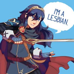 Rule 34 | 1girl, armor, blue background, blue eyes, blue hair, cape, english text, eyebrows, fire emblem, fire emblem awakening, frogbians, gloves, highres, long hair, looking at viewer, lucina (fire emblem), matching hair/eyes, nintendo, parted lips, simple background, smile, solo, sword, text focus, tiara, weapon