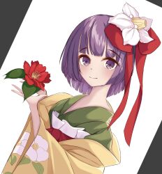 Rule 34 | 1girl, aqpaca, closed mouth, commentary request, floral print, flower, hair flower, hair ornament, hieda no akyuu, highres, holding, holding flower, long sleeves, looking at viewer, purple eyes, purple hair, red flower, short hair, smile, solo, touhou, upper body, white background, white flower, wide sleeves