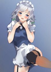 Rule 34 | 1girl, adapted costume, black neckwear, blue eyes, blue leotard, blue vest, bow, braid, collared shirt, commission, garter straps, gluteal fold, green bow, hair bow, highres, izayoi sakuya, leotard, maid headdress, pixiv commission, puffy sleeves, shirt, short hair, short sleeves, silver hair, simple background, solo, textless version, thigh strap, thighhighs, touhou, tsushi, twin braids, vest, white background, white shirt