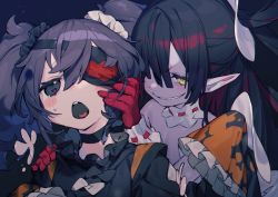 Rule 34 | 2girls, bare shoulders, black bow, black choker, black hair, blush, blush stickers, bow, bukurote, choker, eyepatch, frills, gloves, hair between eyes, hair over one eye, heart, heart-shaped pupils, long hair, multiple girls, open mouth, original, pointing, purple hair, red gloves, sharp teeth, smile, sweat, symbol-shaped pupils, teeth, tongue, twintails, upper teeth only, white bow, yellow eyes