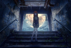 Rule 34 | 1girl, blue eyes, crack, fragile (vocaloid), full body, handrail, highres, industrial pipe, jacket, looking at viewer, moon, necktie, night, open clothes, open jacket, overgrown, pleated skirt, red hair, ruins, scenery, shijohane, shirt, skirt, solo, stairs, standing, vocaloid, white footwear, white shirt, wide shot