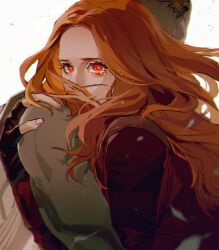 Rule 34 | 1boy, 1girl, black gloves, bodysuit, brown hair, cape, couple, covered mouth, crying, fingerless gloves, fingernails, gloves, grey bodysuit, grey cape, hand on another&#039;s shoulder, hetero, highres, hug, jacket, leaf, long hair, long sleeves, looking at viewer, marvel, marvel cinematic universe, qin (7833198), red eyes, red jacket, scarlet witch, simple background, standing, tears, vision (marvel), wanda maximoff, wandavision, white background