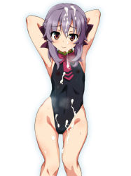 Rule 34 | armpits, blush, breasts, brown eyes, bukkake, covered navel, cum, groin, hair ornament, hair ribbon, heart, heart-shaped pupils, hiiragi shinoa, looking at viewer, nipples, ouhashi, owari no seraph, purple hair, ribbon, see-through, simple background, small breasts, smile, solo, sweat, swimsuit, symbol-shaped pupils, white background