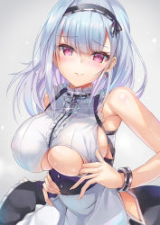 Rule 34 | 1girl, anchor choker, apron, azur lane, bare shoulders, black skirt, blush, breasts, center frills, choker, closed mouth, clothes pull, clothing cutout, dido (azur lane), dress, dress pull, earrings, frilled choker, frills, inoue takuya (tactactak), jewelry, large breasts, long hair, looking at viewer, pink eyes, silver hair, skirt, smile, solo, sweat, underboob, underboob cutout, underbust, waist apron, white apron, white dress, wrist cuffs