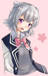 Rule 34 | 1girl, ascot, blazer, blue jacket, bow, bowtie, cevio, commentary, cropped torso, double bun, grey hair, grey sweater, hair bun, hair ornament, hairclip, highres, jacket, koharu rikka, looking at viewer, not makigai, open mouth, pink background, pink bow, pink bowtie, purple eyes, school uniform, short hair, smile, solo, sweater, synthesizer v, upper body