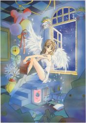 Rule 34 | 1990s (style), 1girl, angel, angel wings, book, brown hair, checkered floor, dress, floor, highres, kamikaze kaitou jeanne, kusakabe maron, night, night sky, official art, perspective, retro artstyle, scan, skirt, sky, solo, tanemura arina, toy, traditional media, white skirt, window, wings