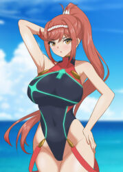 Rule 34 | 1girl, alternate costume, armpits, breasts, competition swimsuit, cosplay, glimmer (xenoblade), groin, hand on own hip, hands on own hips, highleg, highres, large breasts, long hair, one-piece swimsuit, ponytail, presenting armpit, pyra (pro swimmer) (xenoblade), pyra (xenoblade), pyra (xenoblade) (cosplay), sleeveless, sleeveless turtleneck, swimsuit, turtleneck, very long hair, xenoblade chronicles (series), xenoblade chronicles 3