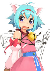 Rule 34 | 1girl, :d, animal collar, animal ears, animal hands, antenna hair, bell, blue hair, blush, bound, cable, cat ears, cat girl, collar, detached sleeves, dress, gloves, hairband, long sleeves, neck bell, nhk ni youkoso!, open mouth, paw gloves, puffy long sleeves, puffy sleeves, purple eyes, pururin (nhk), reeto (panama), sash, short hair, sleeve bow, smile, solo, tied up (nonsexual)