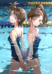 Rule 34 | 2girls, absurdres, arms at sides, ass, back-to-back, blue one-piece swimsuit, brown eyes, brown hair, commentary, competition school swimsuit, futami ami, futami mami, grin, highres, idolmaster, idolmaster (classic), idolmaster 2, lane line, long hair, multiple girls, one-piece swimsuit, partially submerged, pool, school swimsuit, shiroyu, short hair, siblings, side ponytail, smile, solo, standing, swimsuit, twins, water