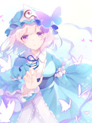 Rule 34 | 1girl, :o, absurdres, arm garter, blue hat, blue kimono, blue ribbon, blue sash, blush, breasts, bug, butterfly, cherry blossom print, commentary request, eyelashes, feet out of frame, fingernails, floral print, frilled kimono, frilled sleeves, frills, ghost, hat, highres, hitodama, insect, japanese clothes, kimono, long sleeves, looking at viewer, mob cap, obi, open mouth, pink hair, ribbon, saigyouji yuyuko, sash, shinketsu kanyu, short hair, sidelocks, simple background, solo, standing, touhou, triangular headpiece, white background, wide sleeves