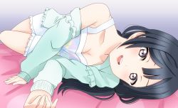 Rule 34 | 1girl, absurdres, aqua sweater, artist name, artist request, bare legs, bare shoulders, bed, black hair, blue hair, blush, breasts, cleavage, collarbone, dark blue hair, female focus, grey eyes, highres, indoors, like it! love it! (love live!), long hair, long sleeves, looking at viewer, love live!, love live! nijigasaki high school idol club, love live! school idol festival, love live! school idol festival all stars, medium breasts, nakagawa nana, on bed, pajamas, parted lips, shirt, short shorts, shorts, smile, solo, sweater, triangle print, twintails, white shorts, yuuki setsuna (love live!)