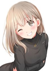 Rule 34 | 1girl, :d, black sweater, blush, brown eyes, brown hair, copyright request, heart, heart necklace, highres, long hair, long sleeves, looking at viewer, necklace, one eye closed, open mouth, ribbed sweater, sekina, simple background, smile, solo, sweater, white background