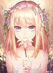 Rule 34 | 1girl, artist name, bare arms, bare shoulders, blonde hair, blue eyes, close-up, dress, flower, holding, holding flower, looking at viewer, meto31, original, parted lips, plant, solo, strapless, strapless dress, upper body, white dress