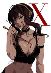 Rule 34 | 1girl, absurdres, artist request, black hair, blood, blood on arm, blood on breasts, blood on face, breasts, cleavage, highres, long hair, looking at viewer, red eyes, solo, spy x family, white background, yor briar