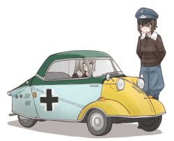 Rule 34 | 2girls, alternate costume, arms behind back, balkenkreuz, black footwear, black jacket, blue hat, blue pants, blush, bomber jacket, boots, commentary, cross, driving, full body, germany, girls und panzer, hat, itsumi erika, jacket, light blush, long hair, long sleeves, looking at another, messerschmitt, messerschmitt kr200, military, military hat, military uniform, multiple girls, nishizumi maho, open mouth, pants, peaked cap, roundel, shadow, short hair, silver hair, simple background, standing, sweatdrop, uniform, uona telepin, vehicle focus, white background