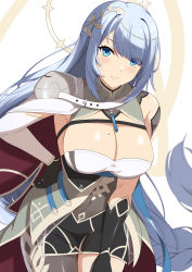 Rule 34 | 1girl, armor, belt, black gloves, blue eyes, blue hair, breasts, closed mouth, covered navel, epic seven, gloves, hair ornament, hand on own hip, hand on leg, hand on own leg, hand on own thigh, hand on thigh, leaning forward, looking at viewer, mole, mole on breast, rin ateria, shoulder armor, simple background, smile, solo, sylvan sage vivian (epic seven), white belt