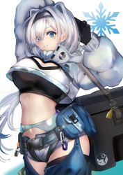 Rule 34 | 1girl, absurdres, arknights, arms up, aurora (arknights), belt, black gloves, black hairband, black shirt, blue eyes, breasts, chaps, cleavage, cleavage cutout, clothing cutout, commentary request, cowboy shot, crop top, cropped jacket, gloves, grey shorts, grin, hair intakes, hairband, highres, jacket, large breasts, long hair, looking at viewer, midriff, navel, pouch, puffy sleeves, sanshouo (sansuouo), shirt, short shorts, shorts, simple background, smile, solo, standing, stomach, very long hair, white background, white hair, white jacket