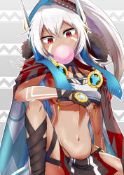 Rule 34 | 1girl, ankle wrap, azur lane, black panties, blue cape, bodypaint, breast curtain, breasts, brown cape, brown gloves, brown hood, blowing bubbles, cape, chewing gum, commentary request, crossed bangs, dark-skinned female, dark skin, facepaint, feet out of frame, fingerless gloves, fur-trimmed cape, fur trim, gloves, grey background, hair between eyes, high ponytail, highleg, highleg panties, highres, hood, hood up, houshi, loincloth, long hair, looking down, medium breasts, midriff, minneapolis (azur lane), multicolored cape, multicolored clothes, navel, panties, red cape, red eyes, revealing clothes, solo, underboob, underwear, very long hair, white cape, white hair