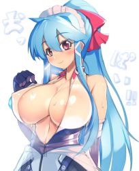 Rule 34 | 1girl, areola slip, arm up, blue hair, blush, breasts, center opening, cleavage, commentary request, covered erect nipples, duplicate, elbow gloves, gloves, heavy breathing, huge breasts, long hair, maid headdress, mel/a, melmaid, no bra, original, ponytail, red eyes, scrunchie, smile, solo, sweat, very long hair