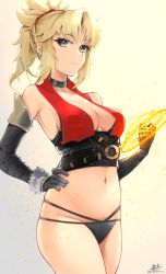 Rule 34 | 1girl, blonde hair, braid, breasts, cowboy shot, elbow gloves, fate/apocrypha, fate/grand order, fate (series), french braid, gloves, green eyes, hair ornament, hair scrunchie, hand on own hip, highres, keisuke desu~, looking at viewer, magic circle, medium breasts, midriff, mordred (fate), mordred (fate/apocrypha), no pants, ponytail, red scrunchie, scrunchie, short ponytail, sleeveless, smile, solo