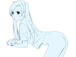 Rule 34 | 1girl, ass, bent over, blue theme, bottomless, female focus, from side, ino (magloid), kousaka rino, leaning forward, looking at viewer, monochrome, no panties, otome function, sketch, solo, twintails