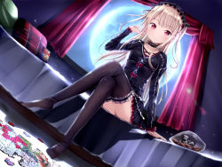 Rule 34 | 1girl, absurdres, backlighting, black thighhighs, blonde hair, crossed legs, curtains, eyebrows, full moon, gothic lolita, hairband, highres, jigsaw puzzle, lens flare, lolita fashion, lolita hairband, long hair, long sleeves, looking at viewer, moon, morerin, no shoes, on bed, pillow, puzzle, red eyes, sitting, smile, solo, thighhighs, two side up, window