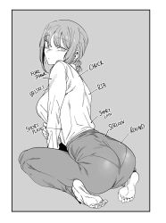 Rule 34 | 1girl, ass, barefoot, blush, border, braid, breasts, chainsaw man, closed mouth, english text, feet, food, grey background, greyscale, highres, image sample, large breasts, looking at viewer, looking back, loose clothes, loose shirt, makima (chainsaw man), meat, monochrome, pants, pantylines, ringed eyes, shirt, simple background, soles, solo, twitter sample, urec, white border, white shirt