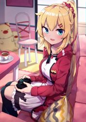 Rule 34 | 1girl, absurdres, akai haato, akai haato (casual), alternate hairstyle, aqua eyes, blonde hair, breasts, chair, controller, couch, cup, from side, haaton (akai haato), hair between eyes, highres, holding, holding controller, hololive, hood, hoodie, huge filesize, jacket, large breasts, long hair, long sleeves, looking at viewer, mr.lime, open mouth, playing games, ponytail, red jacket, saucer, sidelocks, sitting, skirt, smile, solo, stuffed animal, stuffed toy, tea, teacup, virtual youtuber
