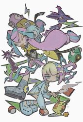 Rule 34 | 2girls, bellibolt, blonde hair, blue bow, blue eyes, blue footwear, blue hair, blue shirt, blue skirt, bow, character hair ornament, chouzetsusaikawa tenshi-chan, cigarette, closed mouth, creatures (company), crossover, full body, game freak, gen 4 pokemon, gen 5 pokemon, gen 8 pokemon, gothitelle, grey footwear, ha4to, hair bow, hair ornament, highres, holding, holding cigarette, iono (pokemon), jacket, long hair, long sleeves, looking at viewer, mismagius, morpeko, multicolored hair, multiple girls, needy girl overdose, nintendo, one eye closed, pink bow, pink eyes, pink hair, platform footwear, pleated skirt, poke ball, pokemon, pokemon (creature), pokemon sv, purple bow, quad tails, sailor collar, school uniform, serafuku, sharp teeth, shirt, shoes, simple background, skirt, sleeves past fingers, sleeves past wrists, smile, smoke, teeth, twintails, two-tone hair, very long hair, white background, yellow bow, yellow jacket