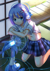 Rule 34 | 1girl, bad id, bad pixiv id, blue eyes, clothes lift, dolphin, electric fan, from above, hair ornament, hairclip, hand fan, headphones, highres, indoors, koi (koisan), looking at viewer, looking up, midriff, navel, original, plaid, plaid skirt, purple hair, shirt lift, short sleeves, skirt, solo, sweat