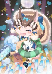Rule 34 | 1girl, acorn, animal ears, boots, brown eyes, brown hair, chipmunk ears, chipmunk girl, chipmunk tail, elbow gloves, extra ears, gloves, highres, kemono friends, kemono friends v project, kneehighs, looking at viewer, microphone, one eye closed, open mouth, ribbon, saival cat, shirt, short hair, shorts, siberian chipmunk (kemono friends), sleeveless, sleeveless shirt, socks, tail, vest, virtual youtuber