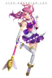 Rule 34 | 1girl, alternate costume, alternate hair color, alternate hairstyle, ankle wings, armlet, backlighting, bad id, bad pixiv id, blush, breasts, character name, choker, elbow gloves, full body, gloves, hanato (seonoaiko), league of legends, lux (league of legends), magic, magical girl, pink eyes, pink hair, sailor collar, simple background, skirt, small breasts, solo, standing, standing on one leg, star (symbol), star guardian (league of legends), star guardian lux, thighhighs, tiara, twintails, wand, white background, white gloves, white thighhighs, wings, zettai ryouiki