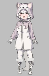 Rule 34 | 1girl, :3, :d, ^ ^, animal hood, arm at side, boots, closed eyes, cross-laced footwear, dog (mixed breed) (kemono friends), dog hood, dog tail, closed eyes, fang, full body, gloves, grey background, grey hair, hood, hood up, kemono friends, knee boots, long sleeves, multicolored hair, nyifu, open mouth, pantyhose, raincoat, short hair, simple background, smile, solo, tail, two-tone hair, white footwear, white gloves, white hair, white pantyhose