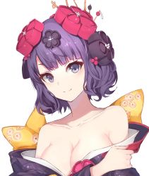 Rule 34 | 1girl, bad id, bad twitter id, blacktheif, bow, breasts, cleavage, clothes down, collarbone, fate/grand order, fate (series), grey eyes, hair ornament, katsushika hokusai (fate), looking at viewer, medium breasts, purple hair, short hair, simple background, smile, solo, upper body, white background, yellow bow