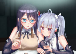 Rule 34 | 2girls, absurdres, ahoge, apron, arm on table, assault lily, bare shoulders, black hair, black ribbon, blue eyes, blue ribbon, blush, bow, breast pocket, breasts, brown apron, buttons, center frills, closed mouth, collared shirt, commentary, detached sleeves, elbow on table, fingernails, frilled shirt collar, frills, glasses, grey hair, hair between eyes, hair bow, hair ornament, hair ribbon, hand on another&#039;s arm, head on another&#039;s shoulder, highres, indoors, large breasts, long hair, looking away, mashima moyu, medium breasts, miriam hildegard von gropius, multiple girls, neck ribbon, parted lips, pocket, purple eyes, red-framed eyewear, ribbon, school uniform, shirt, side-by-side, sidelocks, sleeve bow, sleeveless, sleeveless shirt, sleeves past wrists, suspenders, table, twintails, upper body, white bow, white shirt, yozakurayuyu, yuri, yurigaoka girls academy school uniform