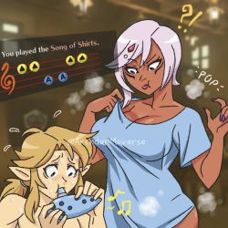 Rule 34 | 1boy, 1girl, artist request, blonde hair, breasts, cia (hyrule warriors), cleavage, clothed female nude male, dark skin, gameplay mechanics, hyrule warriors, instrument, large breasts, link, makeup, nail polish, nintendo, nude, ocarina, sweat, the legend of zelda, the legend of zelda: breath of the wild, white hair