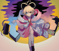 Rule 34 | 1girl, absurdres, asymmetrical clothes, black footwear, blonde hair, blue eyes, closed mouth, commentary request, hair rings, heterochromia, highres, japanese clothes, kanpukuguu otohime, kimono, long sleeves, marine benefit, multicolored background, multicolored clothes, multicolored kimono, oito (bowstringsmall), original, shawl, short hair, smile, socks, solo, touhou, wide sleeves, yellow eyes