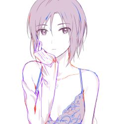 Rule 34 | 1girl, bad id, bad pixiv id, bare shoulders, black hair, bra, breasts, camisole, female focus, hachiware, hand on own face, idolmaster, idolmaster (classic), kikuchi makoto, looking at viewer, partially colored, simple background, sketch, solo, underwear, upper body, white background