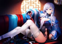 Rule 34 | 1girl, alternate costume, azur lane, belfast (azur lane), belfast (iridescent rosa) (azur lane), belfast (iridescent rosa) (azur lane), blue dress, blue eyes, blush, braid, breasts, chain, china dress, chinese clothes, collar, couch, dress, highres, knee up, large breasts, long hair, long sleeves, looking at viewer, panties, raiou, side-tie panties, sidelocks, silver hair, sitting, smile, solo, underwear, wide sleeves