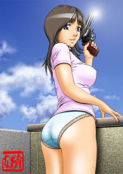 Rule 34 | 1girl, ass, bad id, bad pixiv id, breasts, derivative work, covered erect nipples, flat ass, gun, handgun, large breasts, naosuke, panties, photo-referenced, revolver, solo, underwear, weapon
