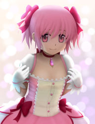 Rule 34 | 10s, 1girl, dress, gloves, hair ribbon, highres, jewelry, kaname madoka, looking at viewer, magical girl, mahou shoujo madoka magica, mahou shoujo madoka magica (anime), necklace, pink eyes, pink hair, ribbon, short hair, short twintails, siraha, smile, solo, twintails