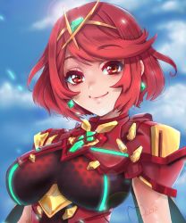 Rule 34 | 1girl, blue sky, bob cut, breasts, closed mouth, cloud, cloudy sky, earrings, highres, jewelry, looking at viewer, meowyin, outdoors, pyra (xenoblade), red eyes, red hair, red shirt, shirt, short hair, short sleeves, sky, smile, tiara, xenoblade chronicles (series), xenoblade chronicles 2