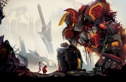 Rule 34 | 1boy, 1girl, broken, cityscape, commentary, justin currie (chasingartwork), mecha, megazord, planted, planted sword, planted weapon, power rangers, robot, ruins, size difference, super sentai, sword, weapon