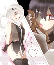 Rule 34 | !?, 2girls, ^^^, absurdres, bandaged hand, bandages, bare shoulders, black gloves, blue eyes, blush, breasts, commentary request, gloves, grey eyes, grey hair, grey jacket, grey legwear, hair between eyes, hair ornament, hair over one eye, highres, holding, jacket, licking, medium breasts, multiple girls, ninja, non (wednesday-classic), one eye closed, open clothes, open jacket, open mouth, original, purple hair, scarf, shared sense, sleeveless, sleeveless jacket, spoken interrobang, thighhighs, tongue, tongue out, trembling, voodoo doll, white scarf