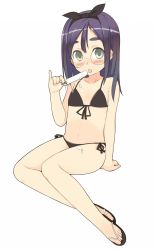 Rule 34 | 1girl, bikini, blush, bow, female focus, flat chest, food, full body, green eyes, hair bow, highres, long hair, navel, open mouth, original, oza watto, popsicle, purple hair, sandals, simple background, sitting, solo, swimsuit, tongue, white background