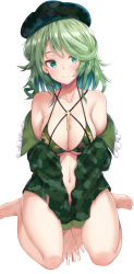 Rule 34 | 1girl, bra, breasts, camouflage, camouflage bra, camouflage headwear, camouflage jacket, duplicate, ebi 193, green eyes, green hair, green hat, hat, jacket, key, large breasts, looking at viewer, medium hair, no pants, open clothes, open jacket, simple background, sitting, smile, solo, touhou, underwear, wariza, yamashiro takane