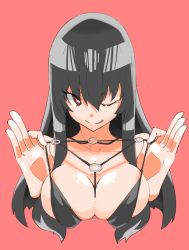 Rule 34 | 1girl, :p, b-kyuu ocha, bare shoulders, bikini, bikini top only, black hair, breasts, character request, cleavage, collarbone, copyright request, large breasts, long hair, looking at viewer, red background, red eyes, sidelocks, skindentation, solo, swimsuit, tongue, tongue out